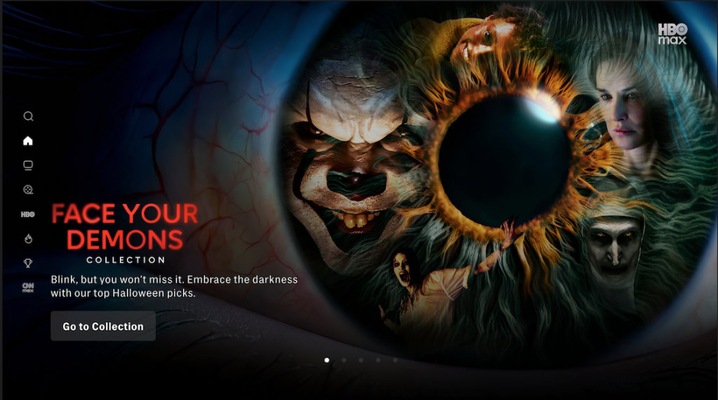 A large eerie eye with reflections of horror characters surrounds text promoting HBO Max's "Face Your Demons" Halloween collection. A button reads "Go to Collection.