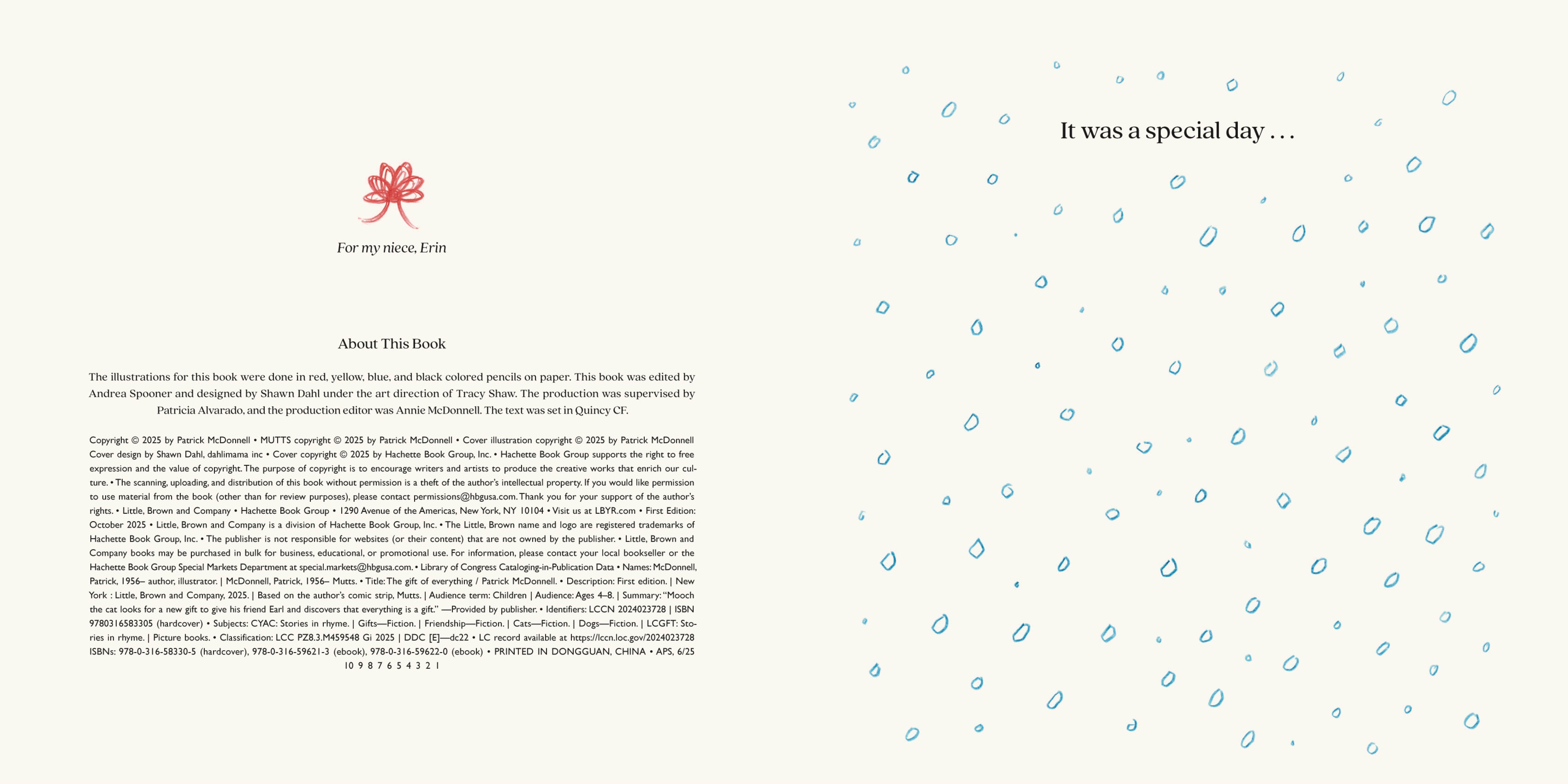 A book dedication to "my niece Erin" on the left, with copyright and publishing details below; the right page has blue raindrop shapes and the text "It was a special day ….