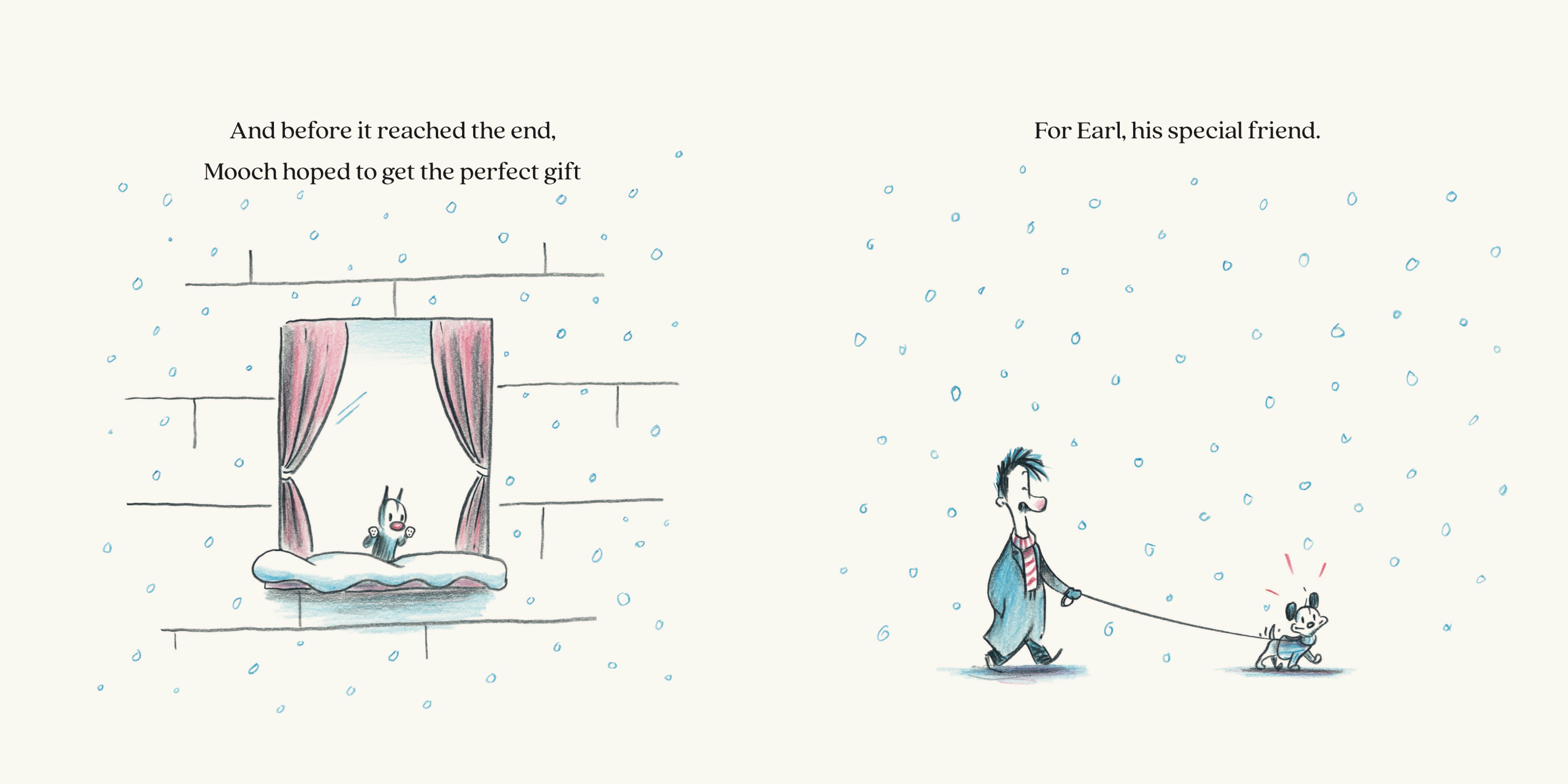 A cat looks out a snowy window on the left; on the right, a man walks a dog on a leash through falling snow.