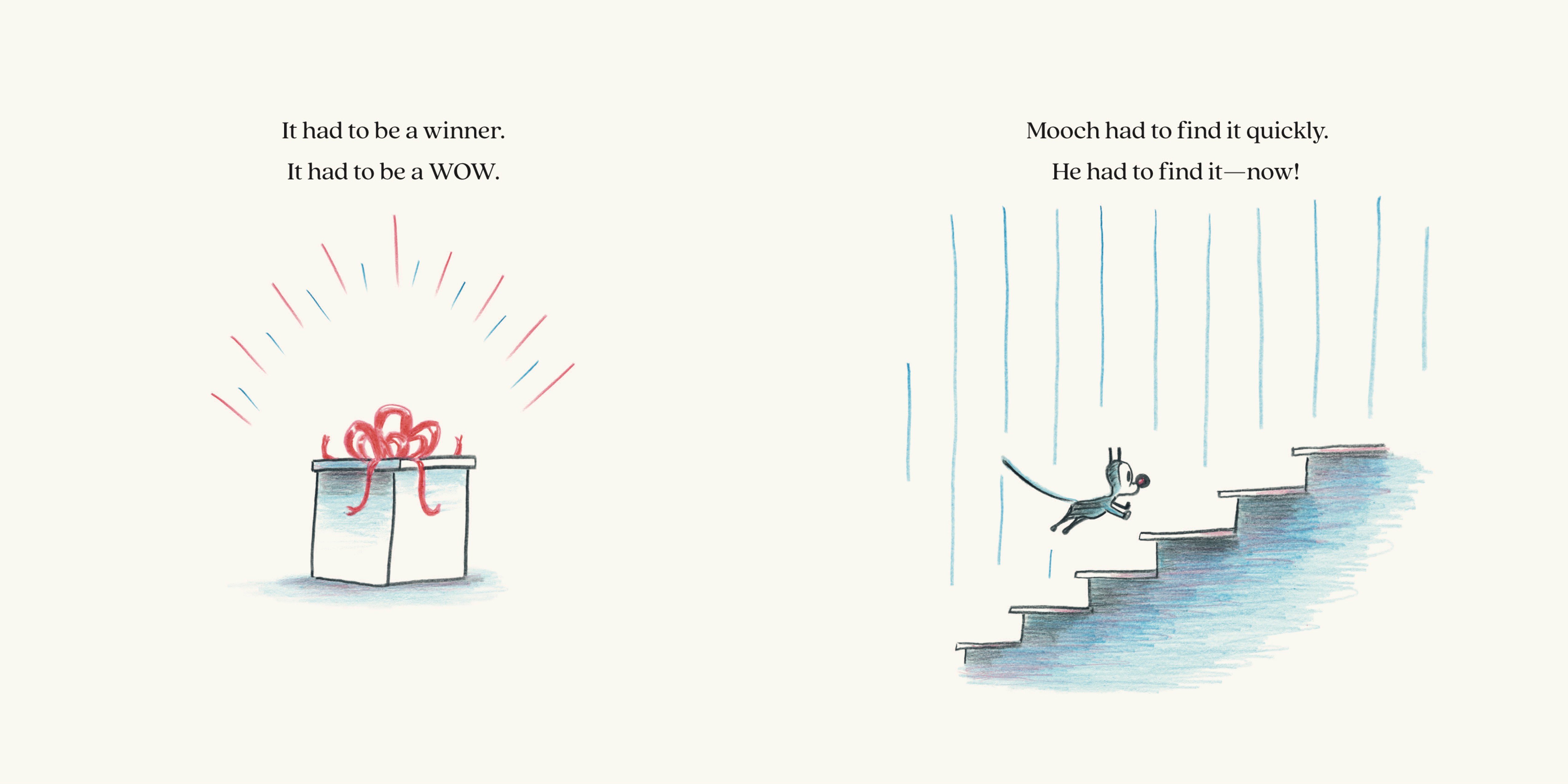 A wrapped gift box with red ribbons is on the left; on the right, a cat runs up the stairs with urgency. Text describes the need to find an impressive gift quickly.