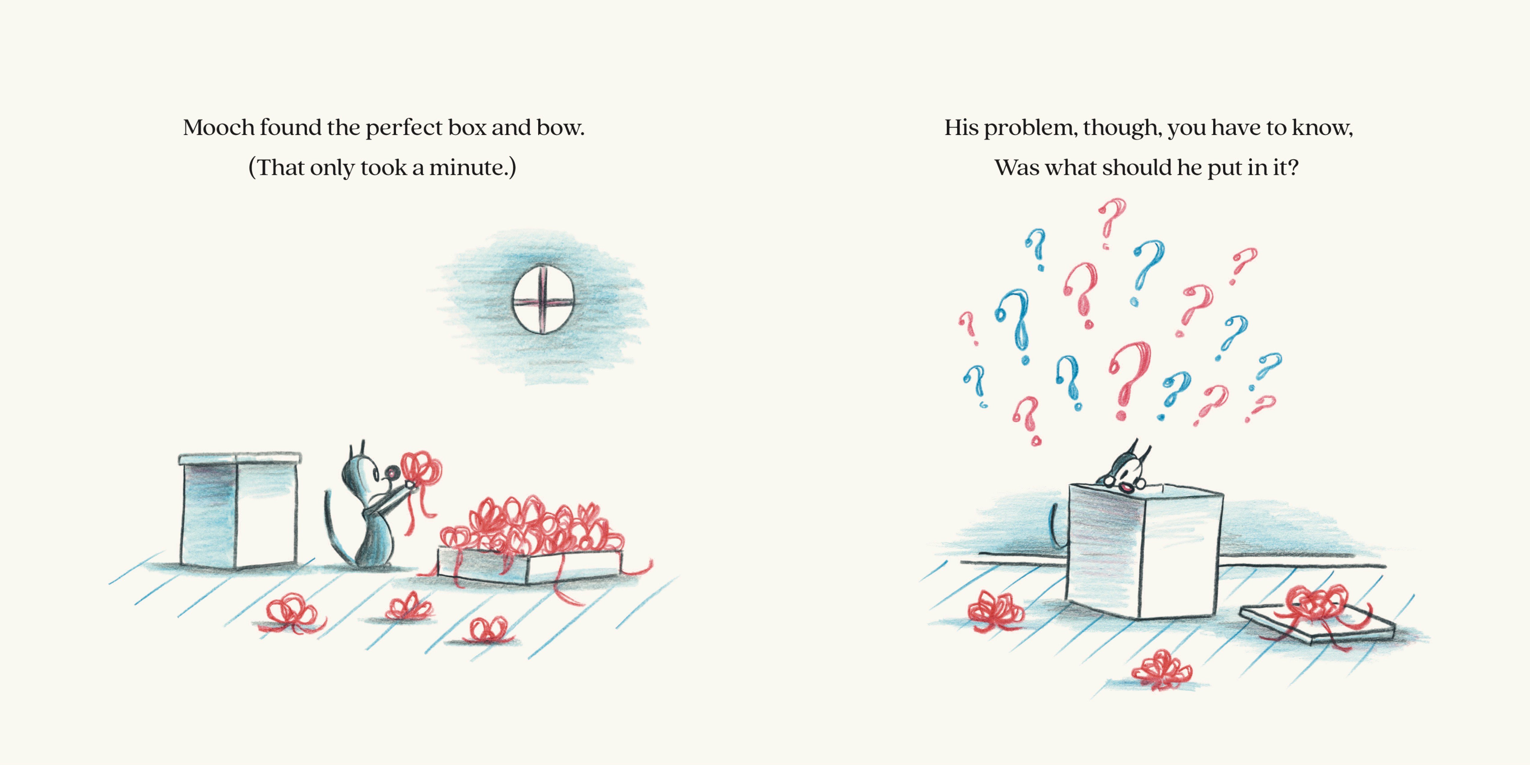 A cat sits beside an open box with red bows, looking at the box. On the right, the cat looks into the box, surrounded by floating red and blue question marks.