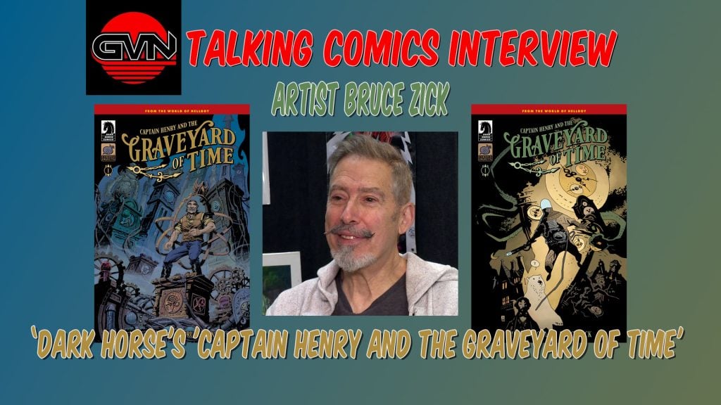 A man is interviewed on Talking Comics about his work as the artist for "Captain Henry and the Graveyard of Time," with two comic book covers shown beside him.