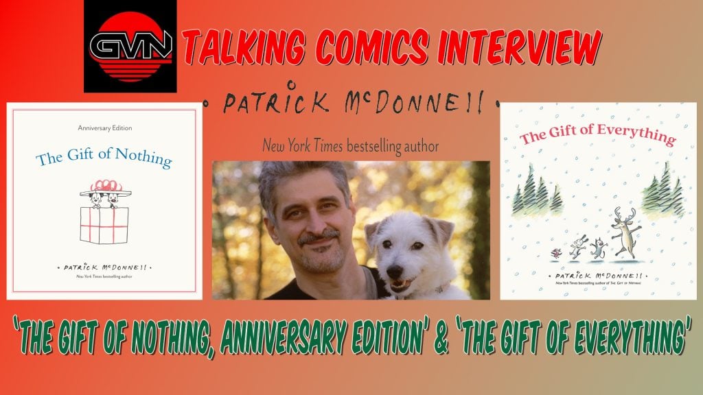 A promotional graphic featuring an interview with Patrick McDonnell, showing his photo with a dog, two of his book covers, and the Talking Comics Interview logo.