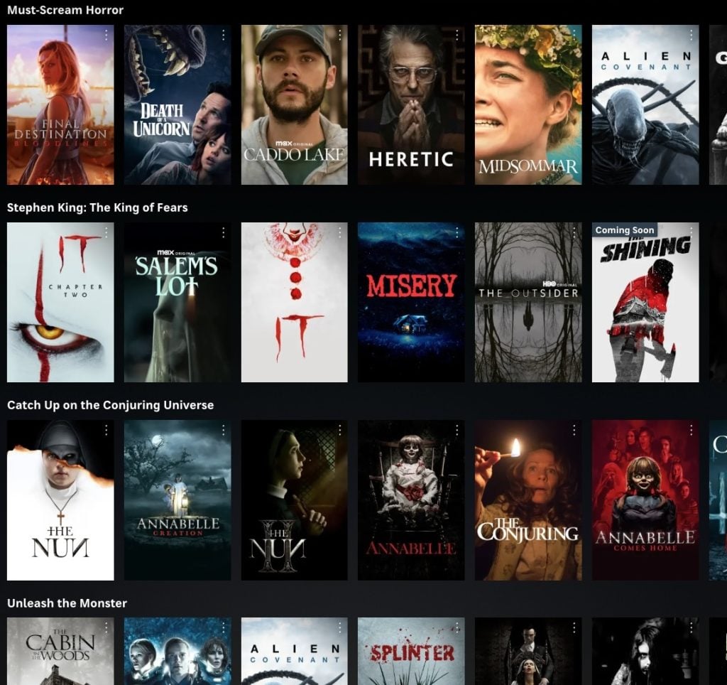 A streaming service menu displays rows of horror movie posters, grouped into categories like "Must-Scream Horror" and "Catch Up on the Conjuring Universe.