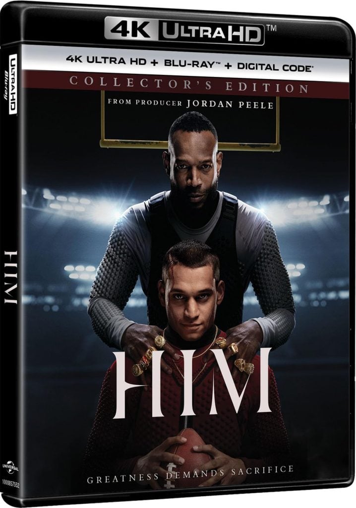 The cover of a 4K Ultra HD movie titled "HIM" shows two men in a dramatic pose on a football field, with the tagline "Greatness Demands Sacrifice" and "From Producer Jordan Peele.