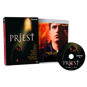 Box set, Blu-ray case, and disc for the film "Priest" with cover art showing a man sitting in prayer and a close-up of a man's face. Text about faith and truth is displayed.