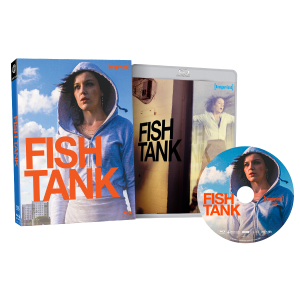 Blu-ray box set, case, and disc for the film "Fish Tank," featuring a woman in a blue hoodie and the film's title in bold orange letters.