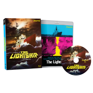 A Blu-ray set of "The Lightship" with a slipcover, case featuring faces and a ship, and a disc with the movie title and an image of a ship.