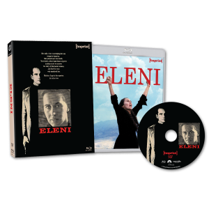 Blu-ray package for the film "Eleni" showing the case, cover art with a woman raising her arms, and disc featuring a man’s face and the title.