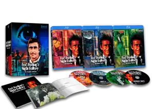 A "Rod Serling’s Night Gallery" Blu-ray box set is shown with three illustrated cases, six discs, a booklet, and the outer box featuring artwork and the show's title.