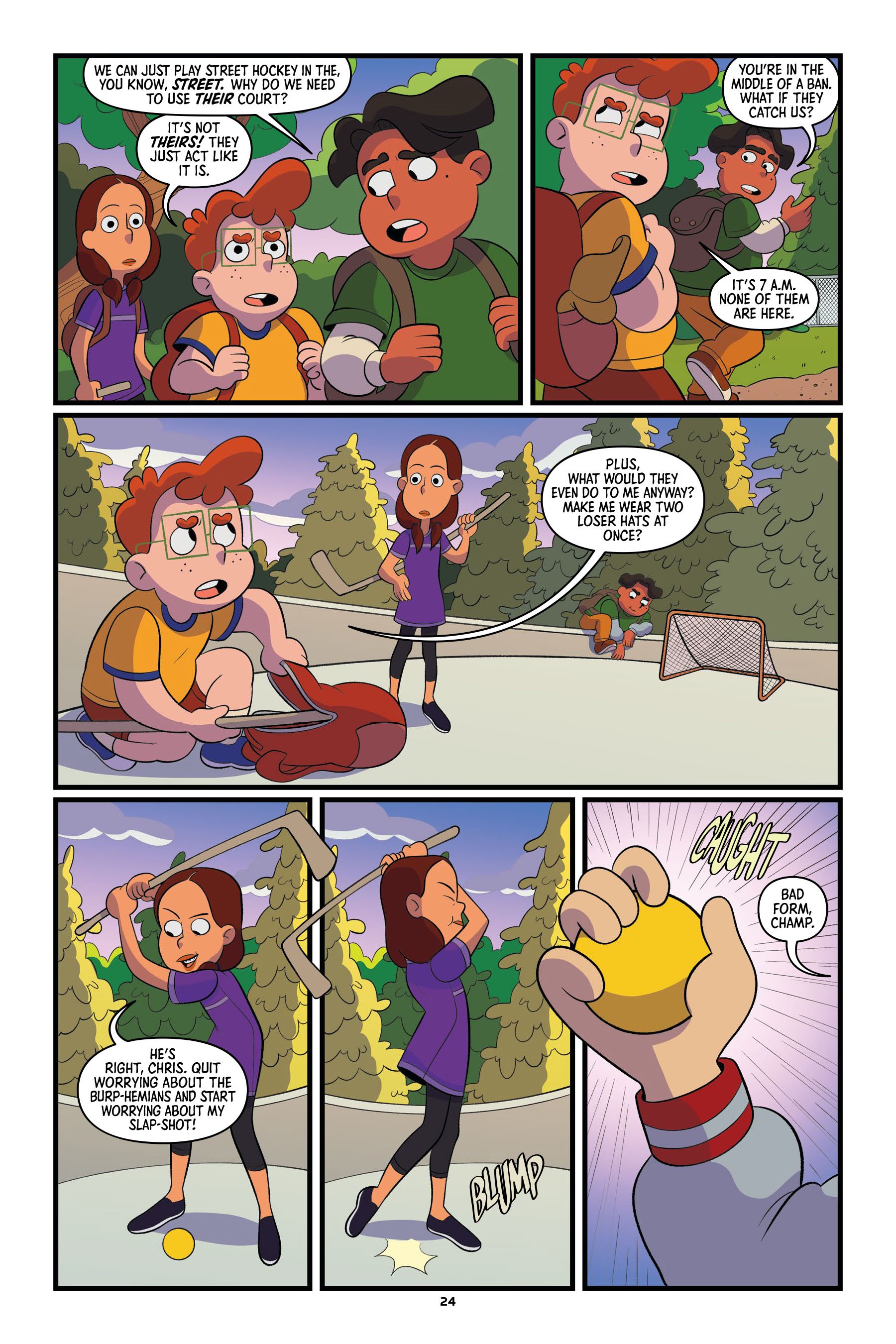 A group of kids play street hockey outside; a girl slips on a hockey puck, another girl scores with a slap shot, and a boy stands near a net.