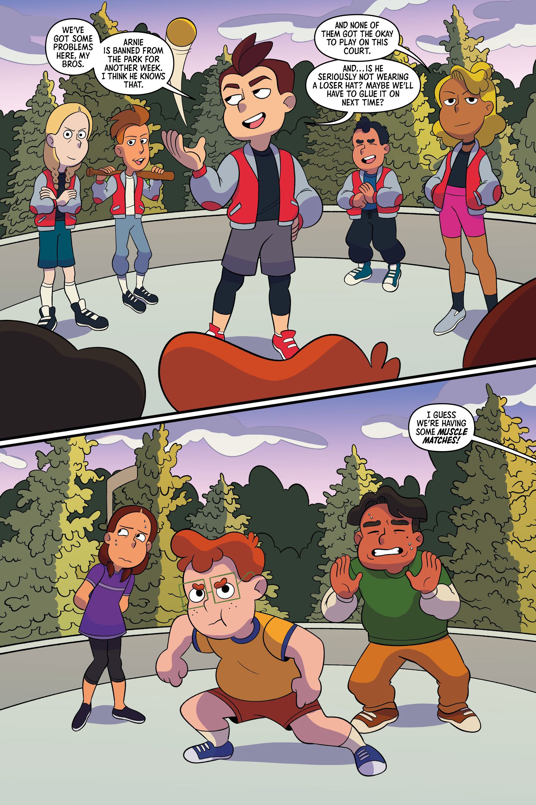 A group of kids stands in a park forming two teams, facing off and talking to each other, ready to start a basketball game.