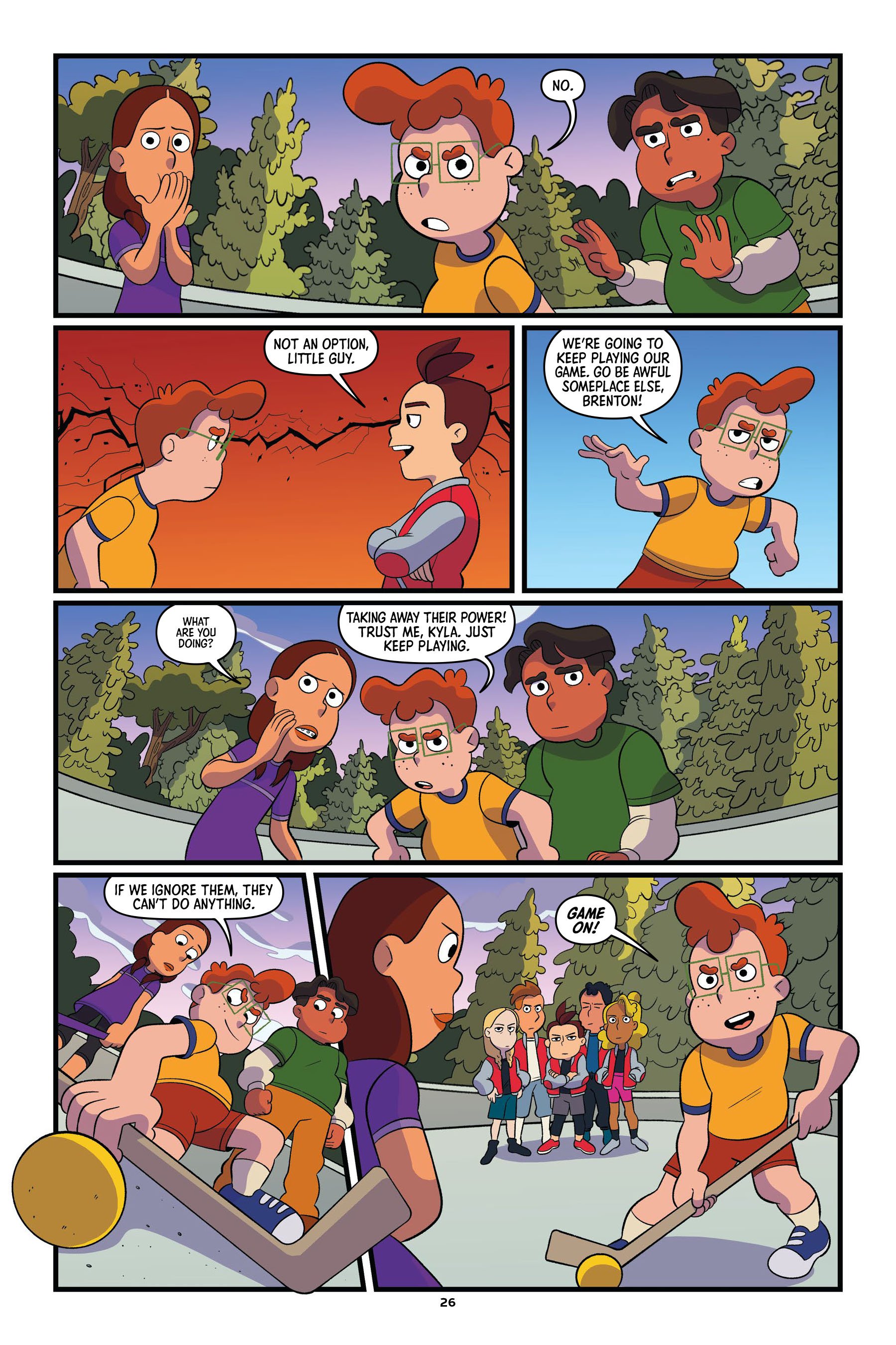 A group of kids argue on a playground; one kid challenges another while others watch, some holding bats and standing by a kickball.