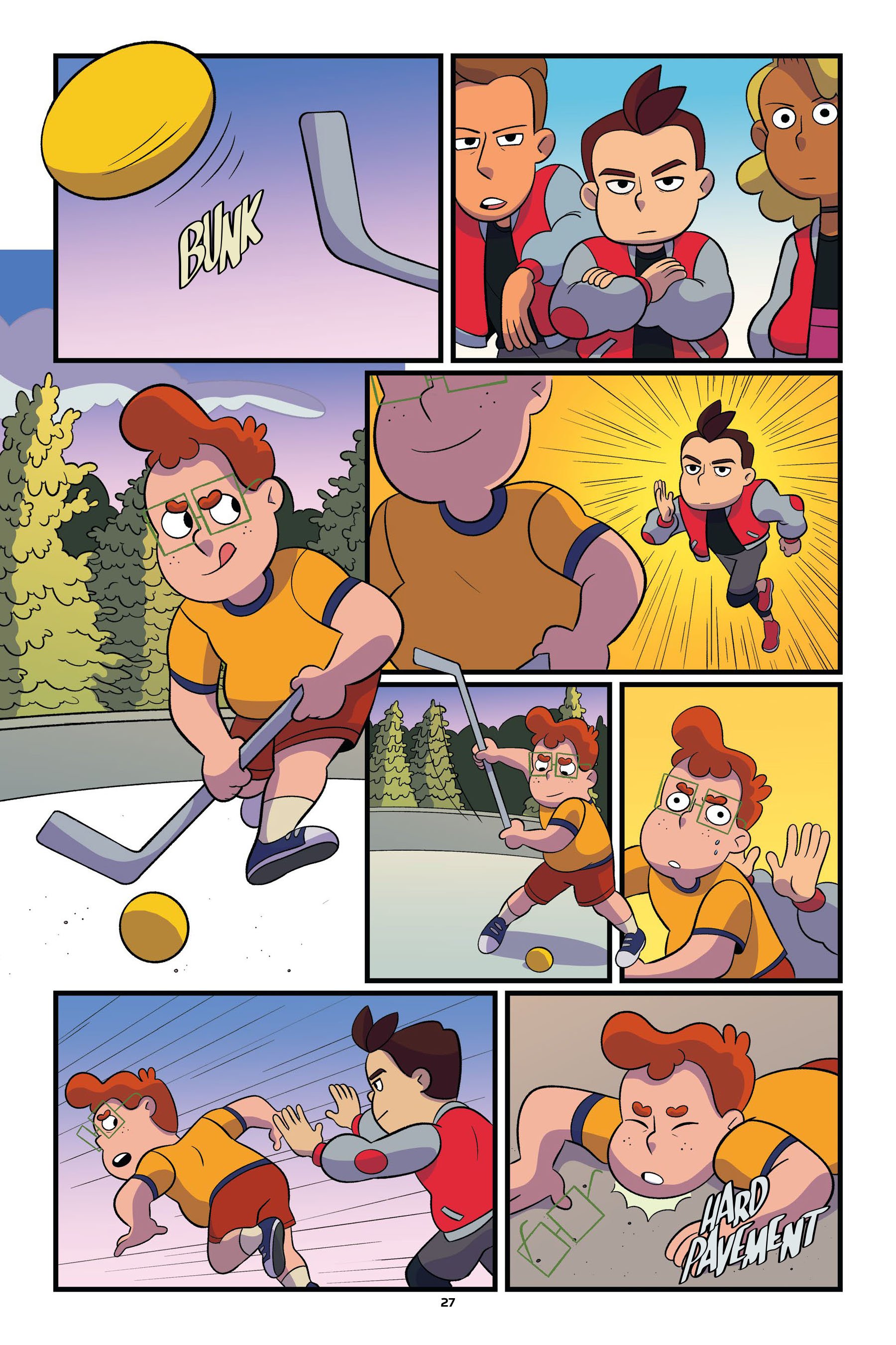 A boy in an orange shirt plays hockey, is chased by three kids, gets shoved, and falls face-first onto pavement while holding his hockey stick.