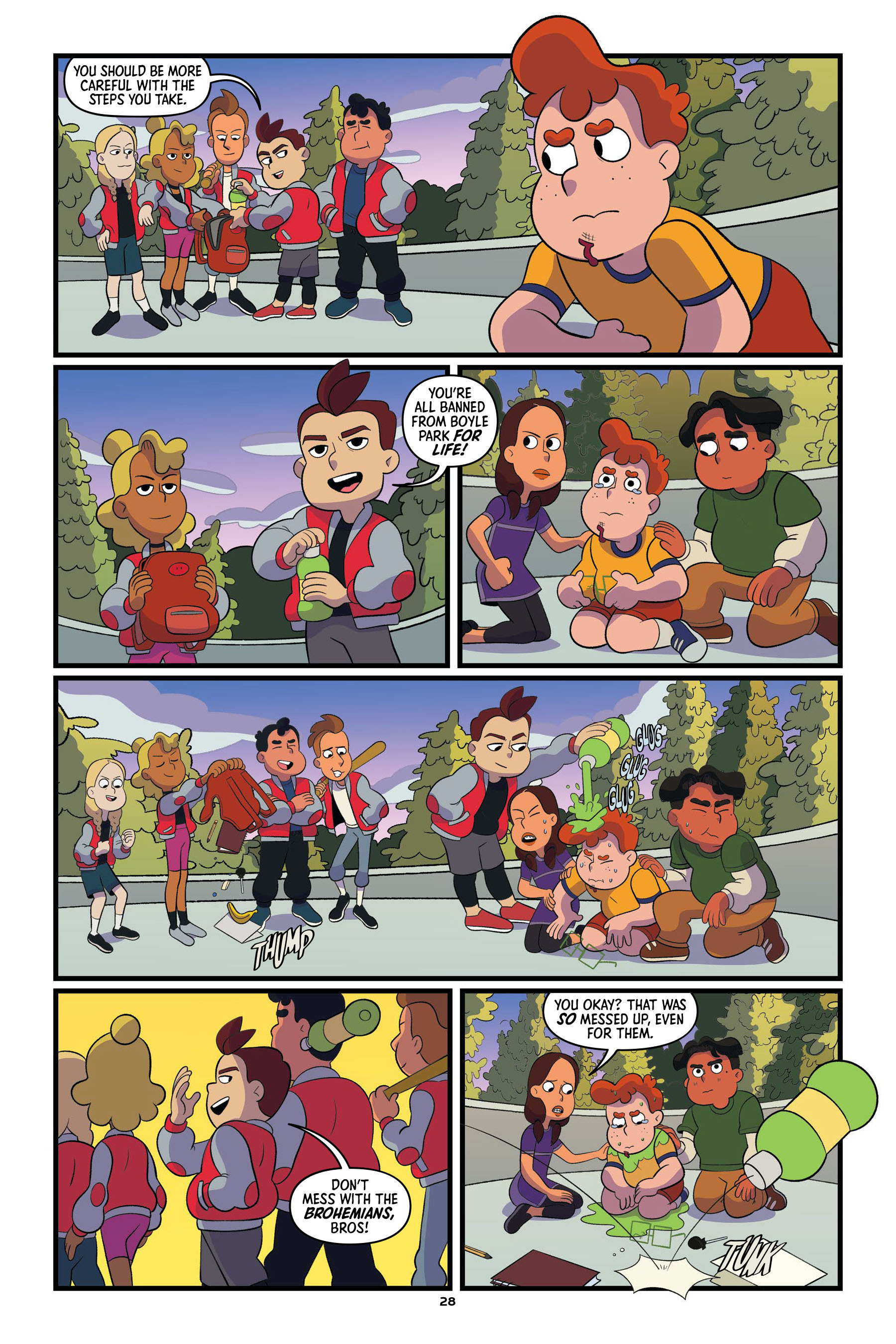 A group of students confront another group in a park; one uses a water gun, knocking them over, and they are helped up while the others walk away.