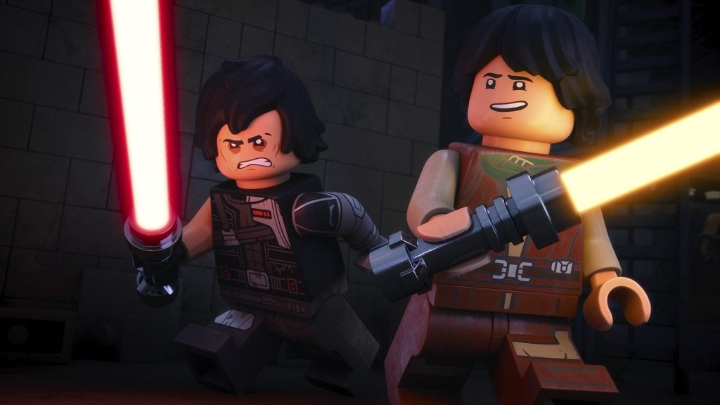 Two LEGO Star Wars characters holding lightsabers, one with a red blade and an angry expression, and the other with a yellow blade and a determined expression, in a dark setting.