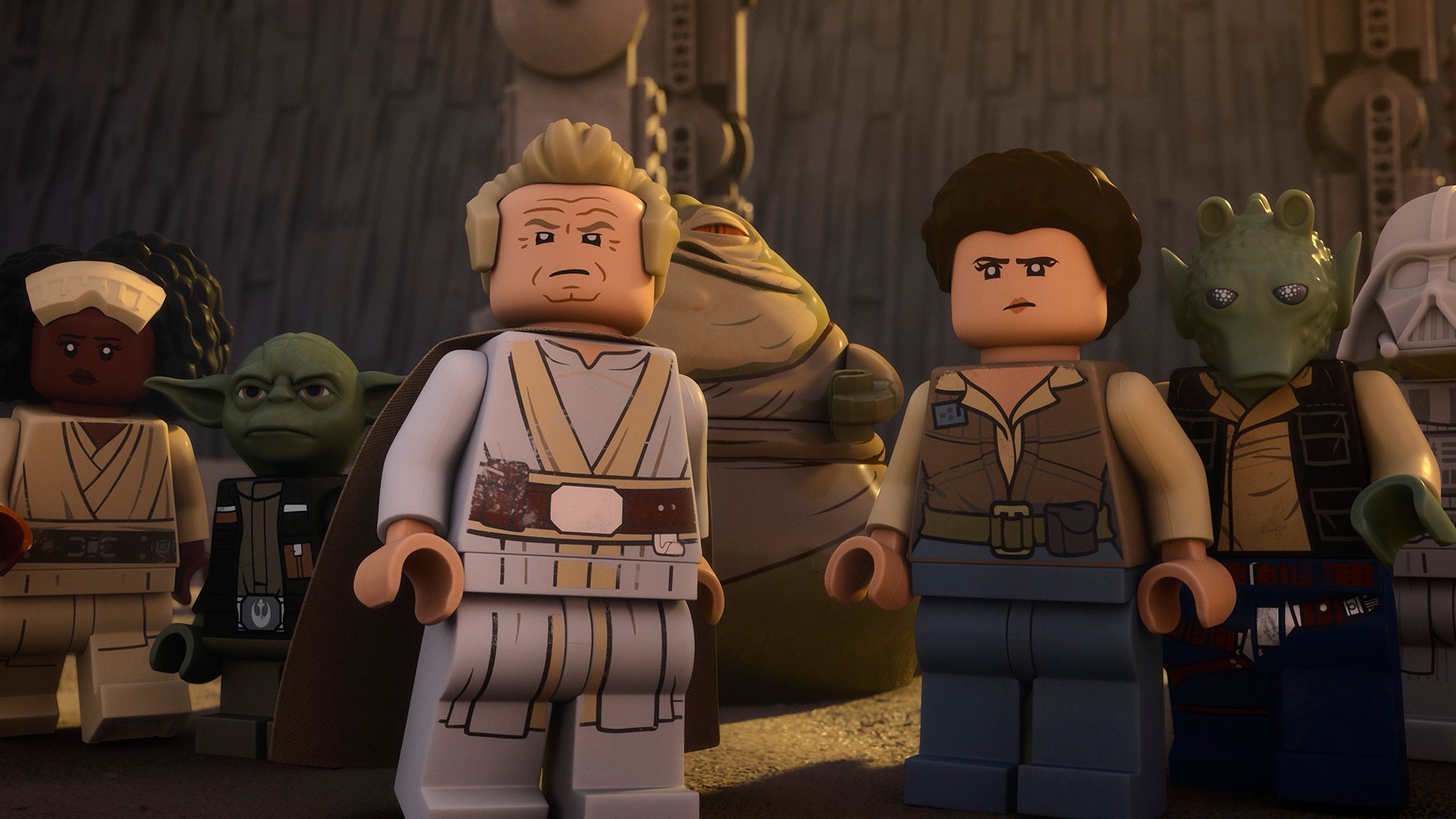Lego Star Wars minifigures, including characters resembling Luke Skywalker, Leia Organa, Yoda, Jabba the Hutt, and others, stand together in a dimly lit setting.