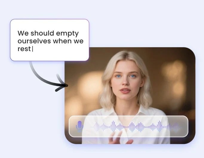 A woman with blonde hair speaks on camera, with a speech bubble that says, "We should empty ourselves when we rest." A soundwave graphic is shown at the bottom.