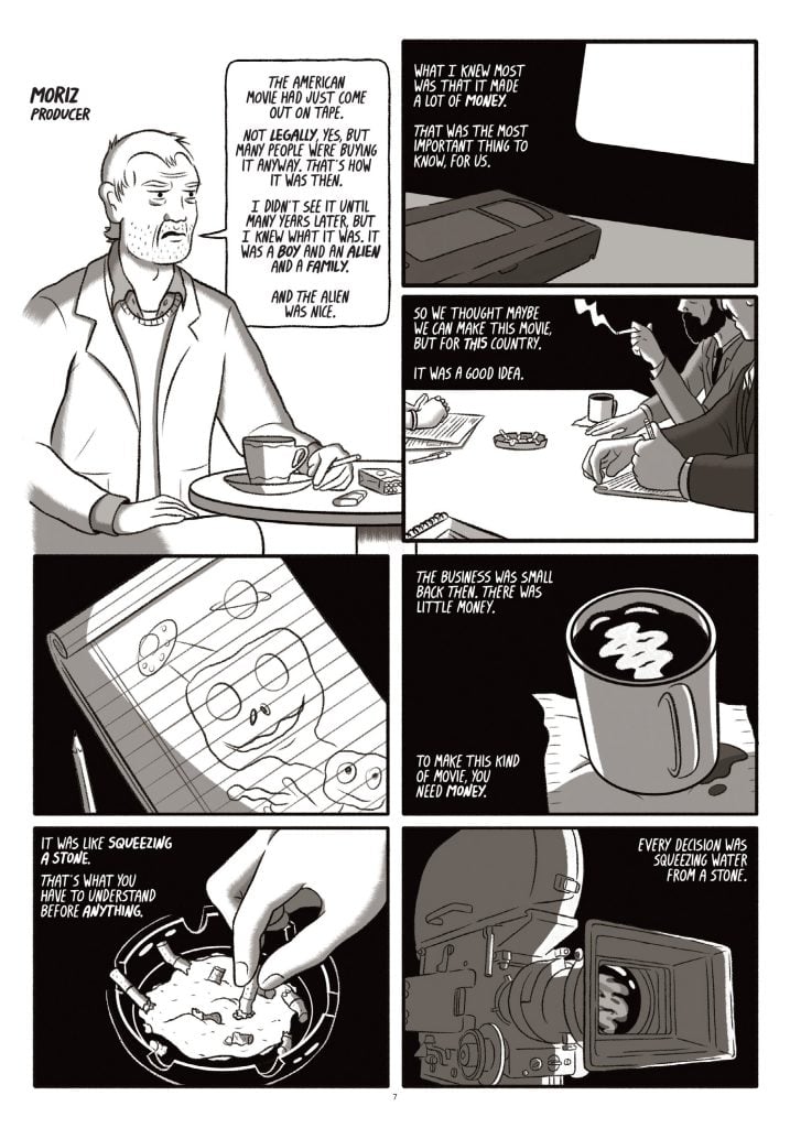 A man in a suit narrates his experience as a producer, discussing filmmaking challenges and decisions, with images of coffee, a storyboard, a camera, and hands drawing and stirring coffee.
