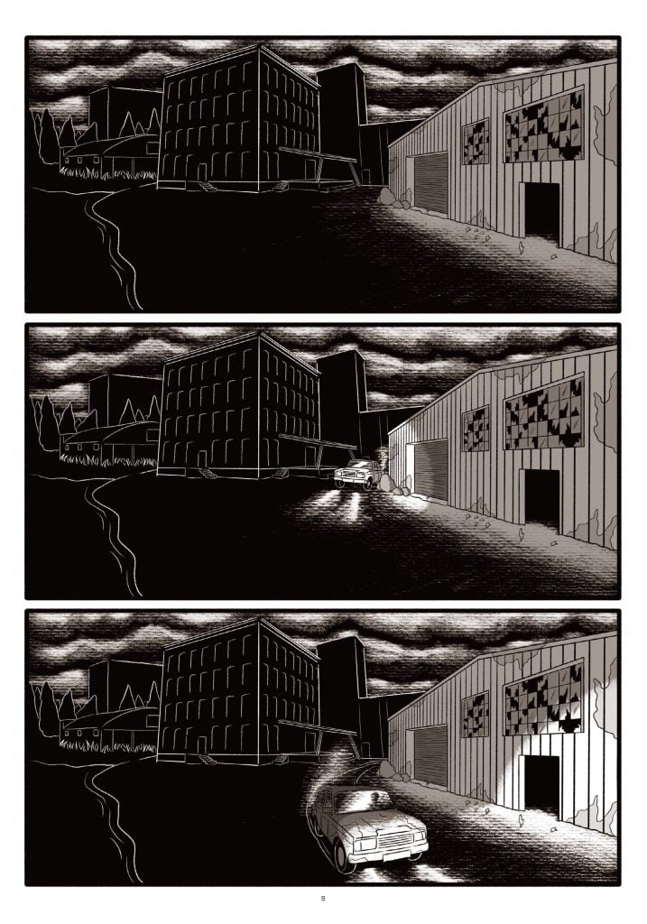 Three-panel comic showing a car speeding away from a city building toward and into a garage at night under a cloudy sky.