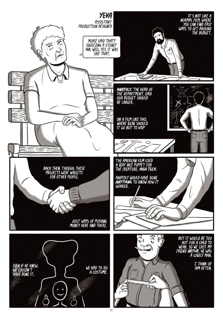 A comic page shows a person on a bench reflecting on challenges in film production design, budgets, and solutions, with additional panels illustrating their thoughts and a hidden figure.