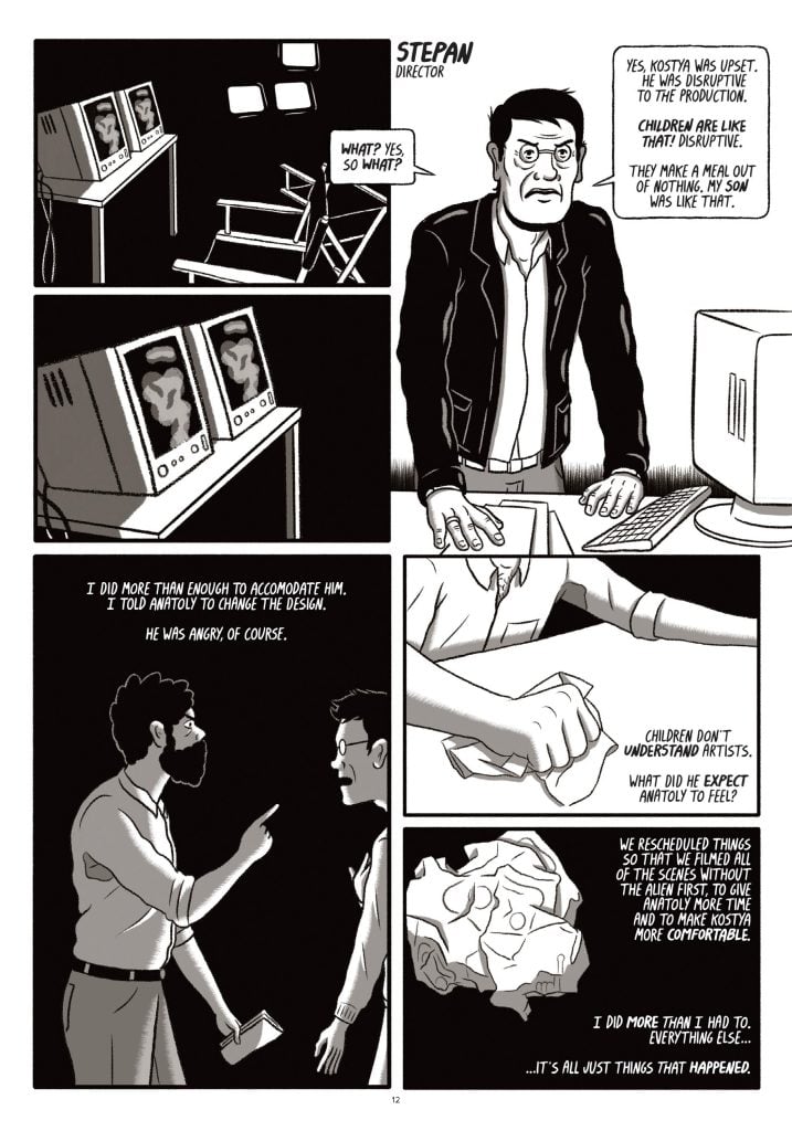 A comic page shows a man explaining production difficulties involving children. Scenes include him at a desk, arguing with another man, and a close-up of a hand crushing paper.