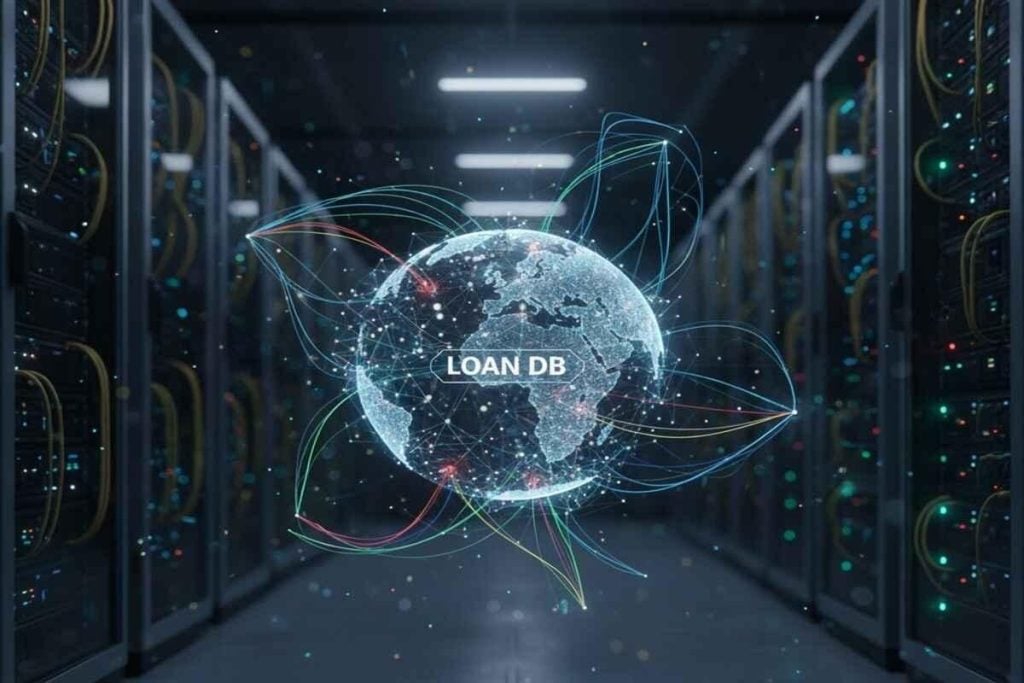 A digital globe labeled "LOAN DB" is surrounded by data lines, set against a background of server racks in a data center.