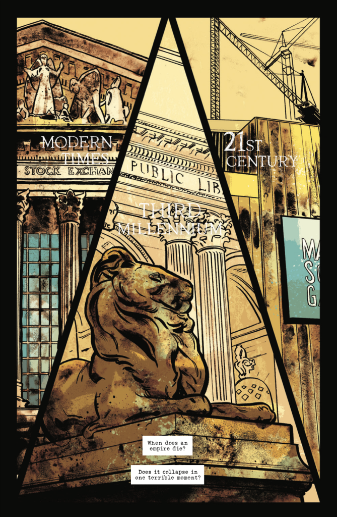 Illustration shows a stone lion statue in front of a neoclassical building, flanked by modern structures, with overlaying text pondering the collapse of an era.