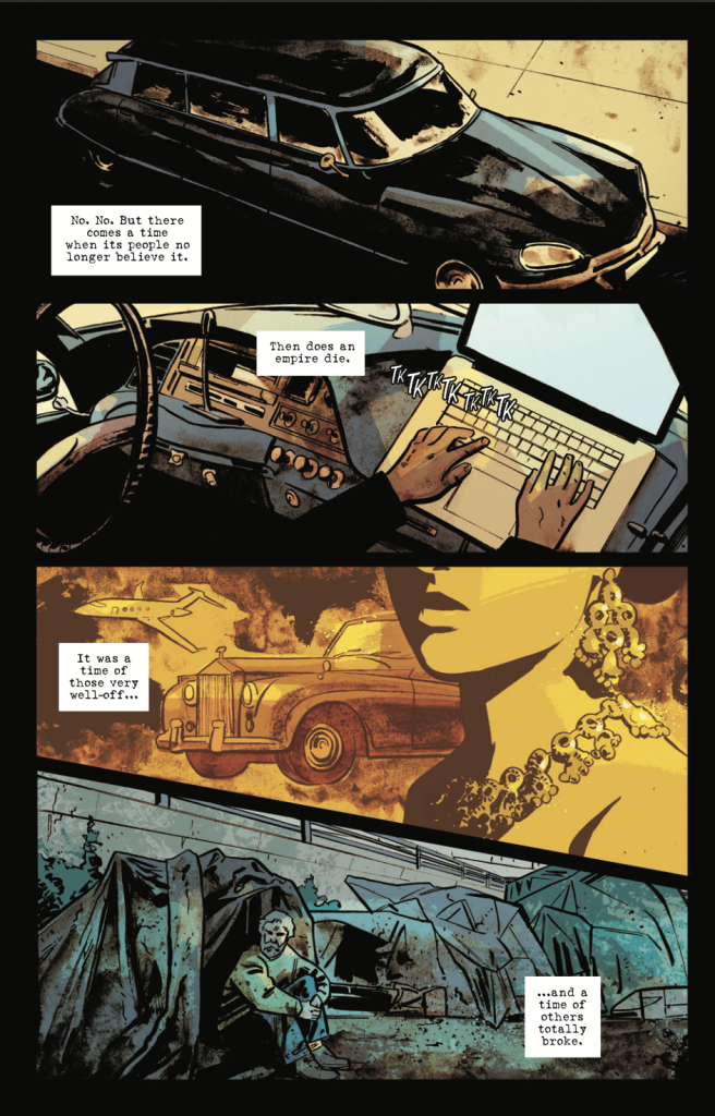 A comic page showing a vintage car, hands typing on a laptop, an elegant woman with jewelry near an old car, and a man sitting by a tent in a rough outdoor area. Text boxes narrate thoughts.