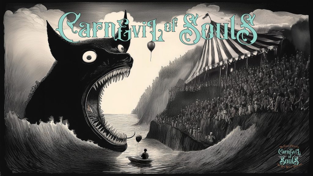 A person in a rowboat faces a giant, open-mouthed monster near a crowded carnival tent, with "CarnEvil of Souls" written in stylized text above.