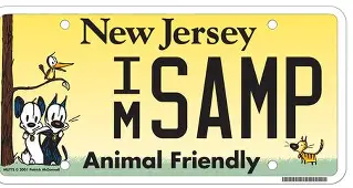 New Jersey license plate with cartoon cat, dog, bird, and bee, reading "Animal Friendly" and featuring the text "I M SAMP.