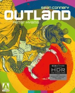 Colorful illustrated cover of the film "Outland" showing two astronauts reaching for each other in space, with bold text and labels for 4K Ultra HD features.