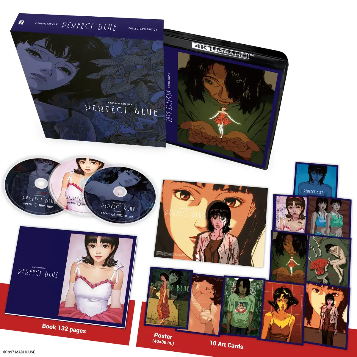Collector's edition box set of "Perfect Blue" featuring 4K Ultra HD case, two discs, 132-page book, poster, and 10 art cards with character and scene illustrations.