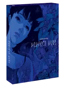 Blu-ray box cover for "Perfect Blue" featuring an illustrated woman’s face and foliage in blue tones, with the film title and "A Satoshi Kon Film" printed on the front.
