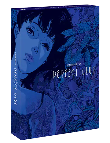 Blu-ray box cover for "Perfect Blue" featuring an illustrated woman’s face and foliage in blue tones, with the film title and "A Satoshi Kon Film" printed on the front.