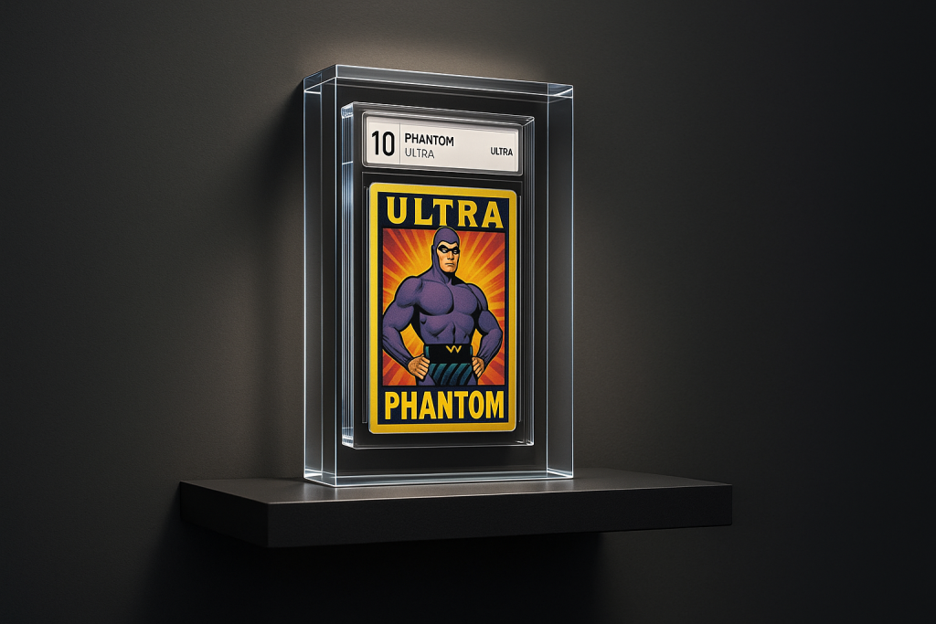 A graded comic card labeled "Ultra Phantom" is displayed in a clear case on a black shelf against a dark wall.