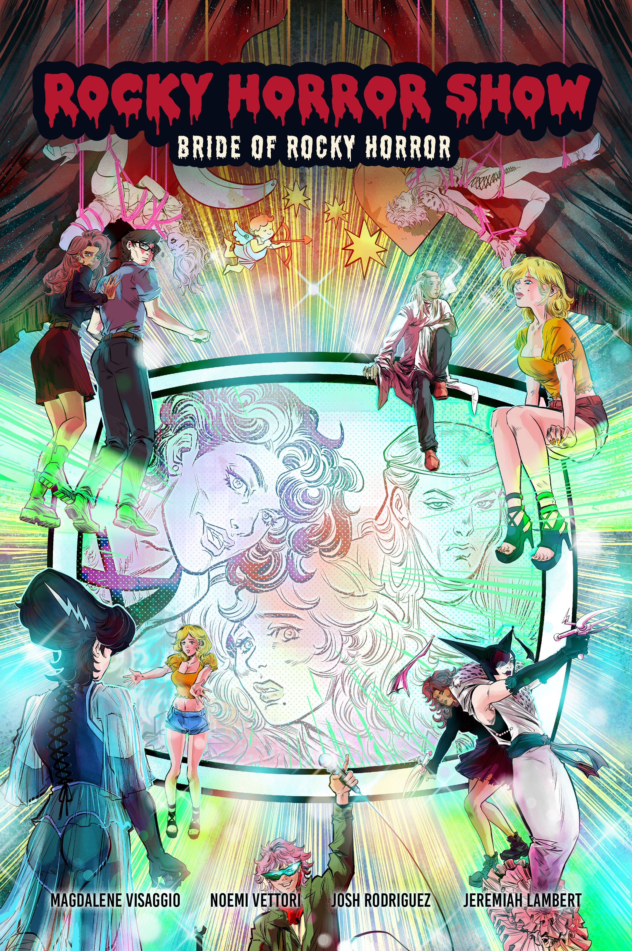 Colorful illustrated poster for "Rocky Horror Show: Bride of Rocky Horror" featuring various stylized characters and dramatic lighting effects, with credits for four creators at the bottom.