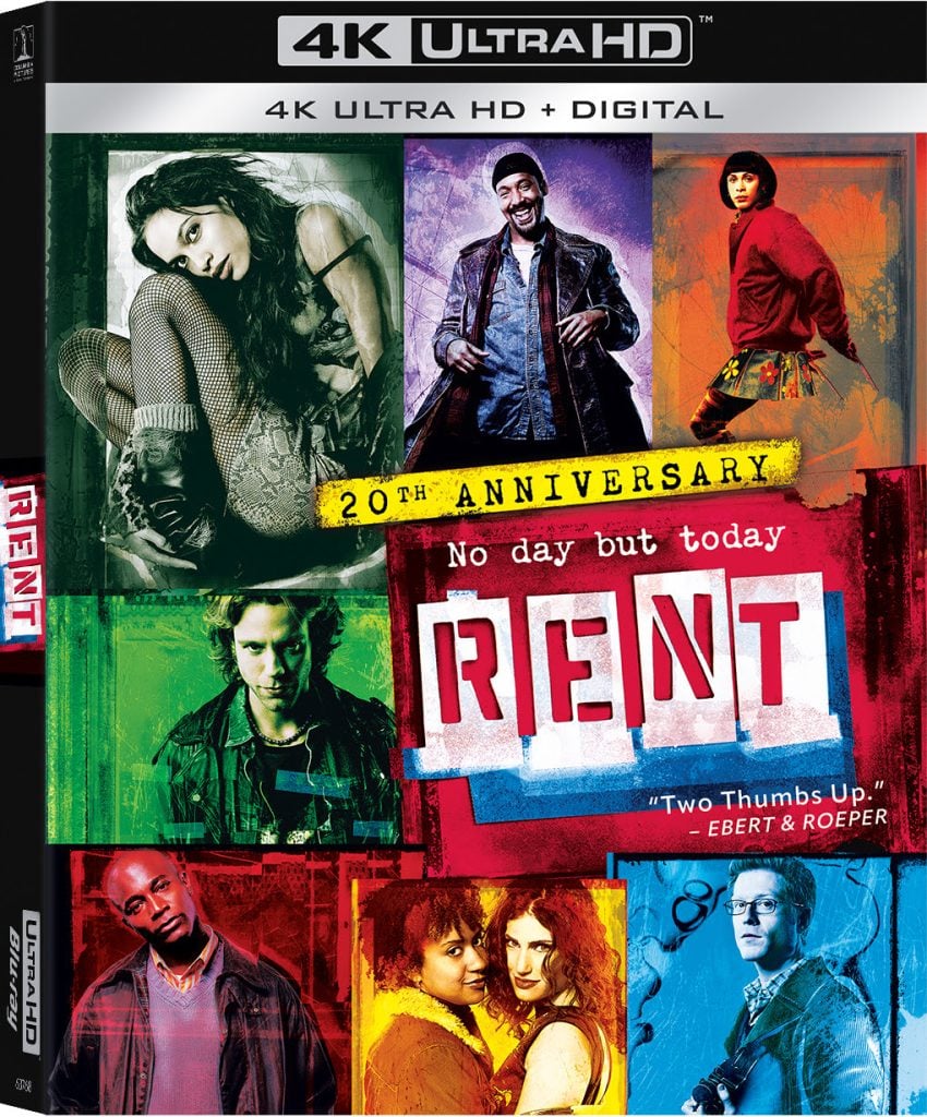 4K Ultra HD cover for "Rent" 20th Anniversary edition, featuring cast members' portraits in a colorful collage with the text "No day but today.