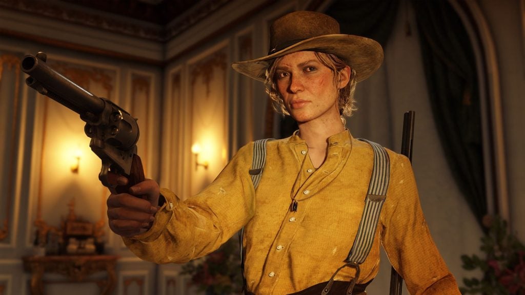 A person in a yellow shirt and wide-brimmed hat points a revolver forward inside a decorated room with ornate walls and curtains.