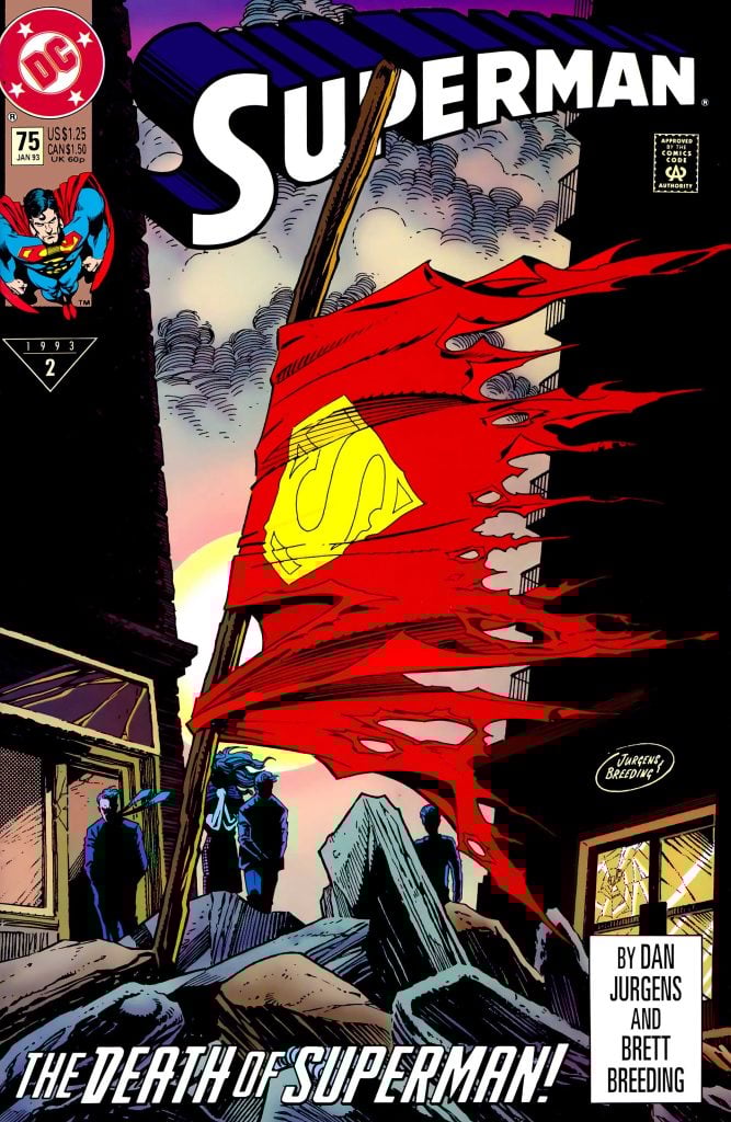 A tattered Superman cape flies as a flag over rubble, with mourners in the background; the comic cover reads, "The Death of Superman!.