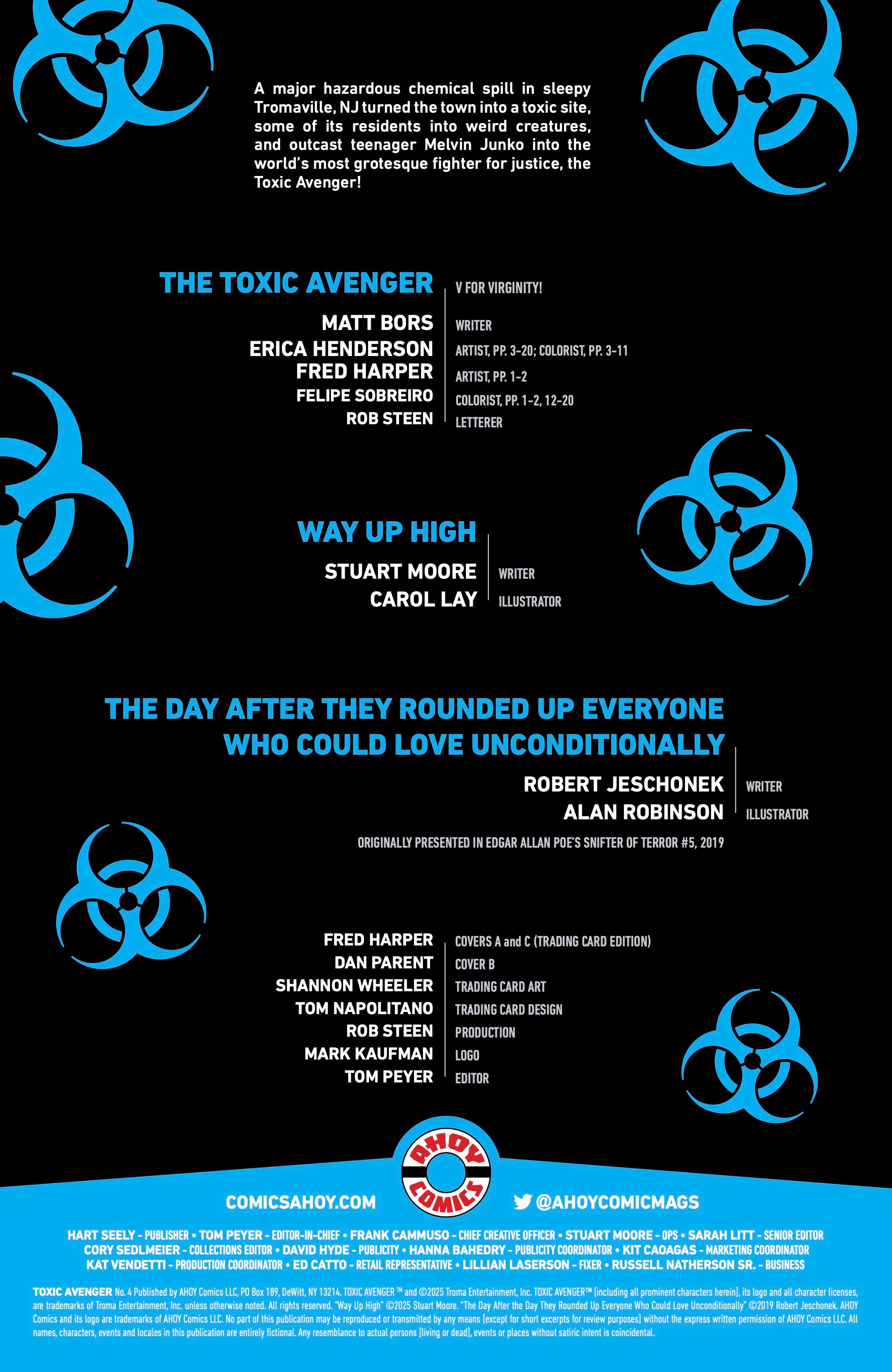 A comic book credits page featuring cyan biohazard symbols, lists of writers, illustrators, and editors, and brief descriptions of three different stories.