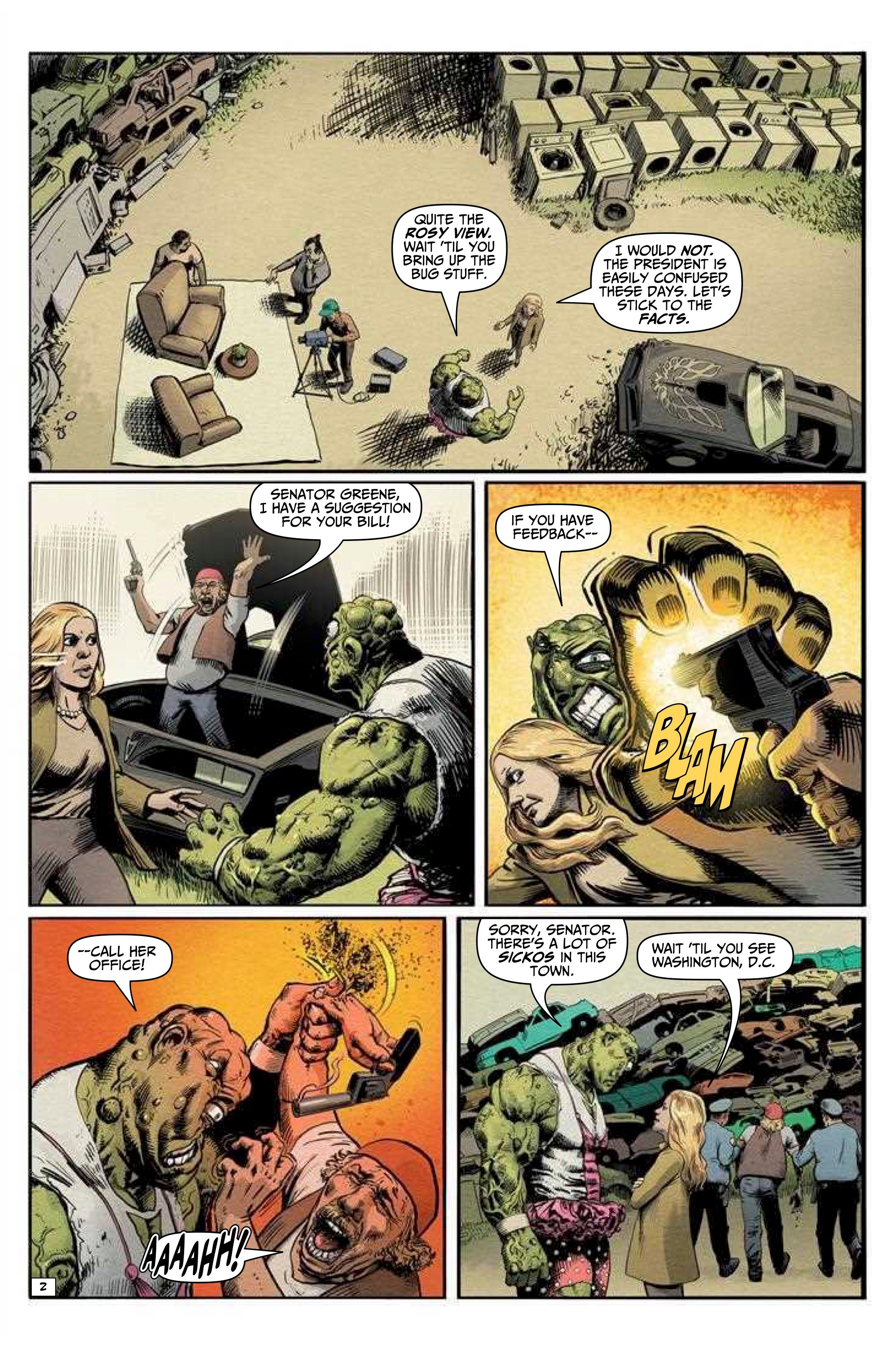 A mutant creature confronts a senator and her aide in a junkyard, then shoots the aide while others react in shock and fear.