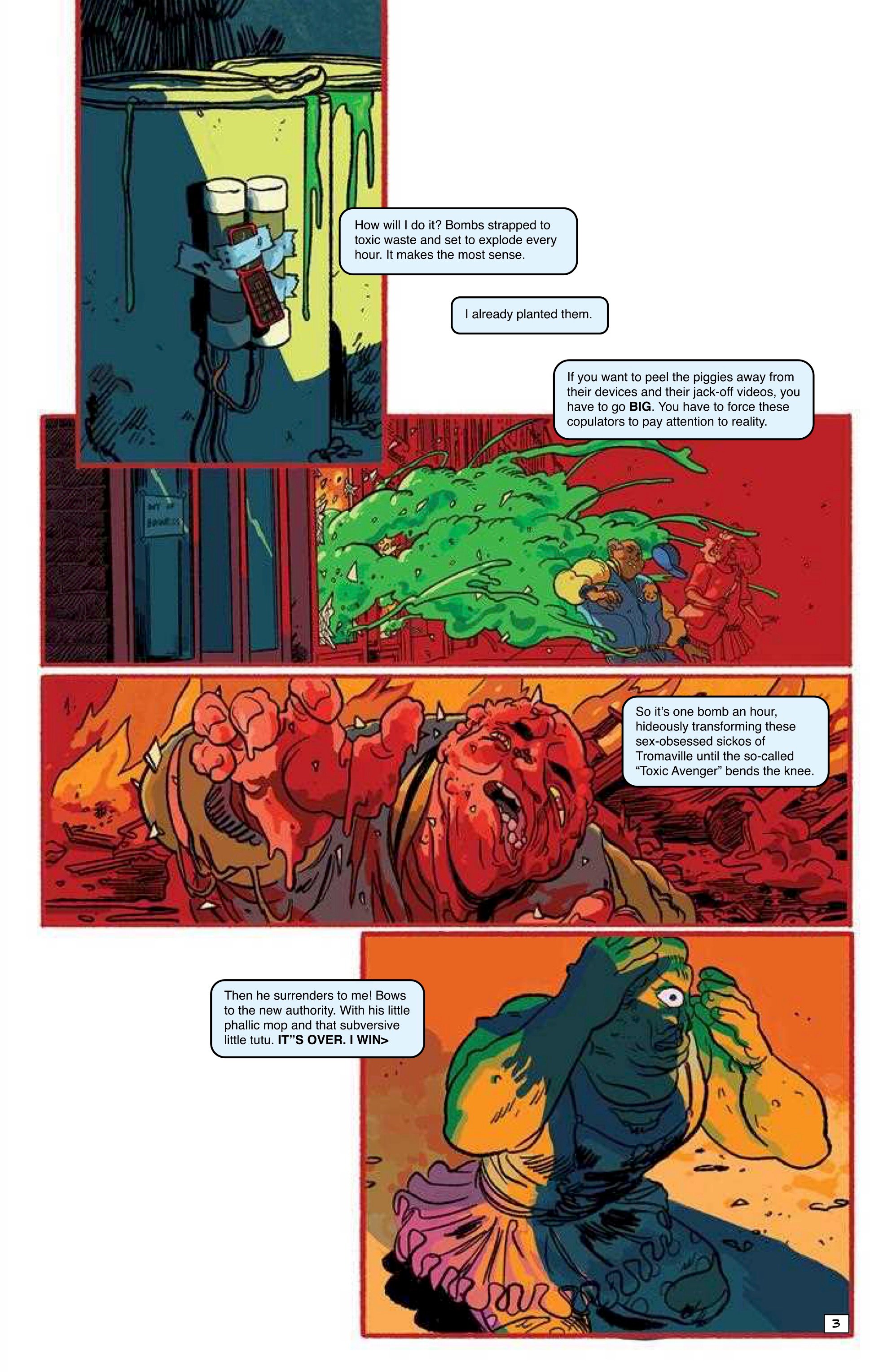 A comic page shows a villain explaining their plan involving bombs and spreading a plague, with scenes of people suffering and a confrontation with a muscular character in a mask.