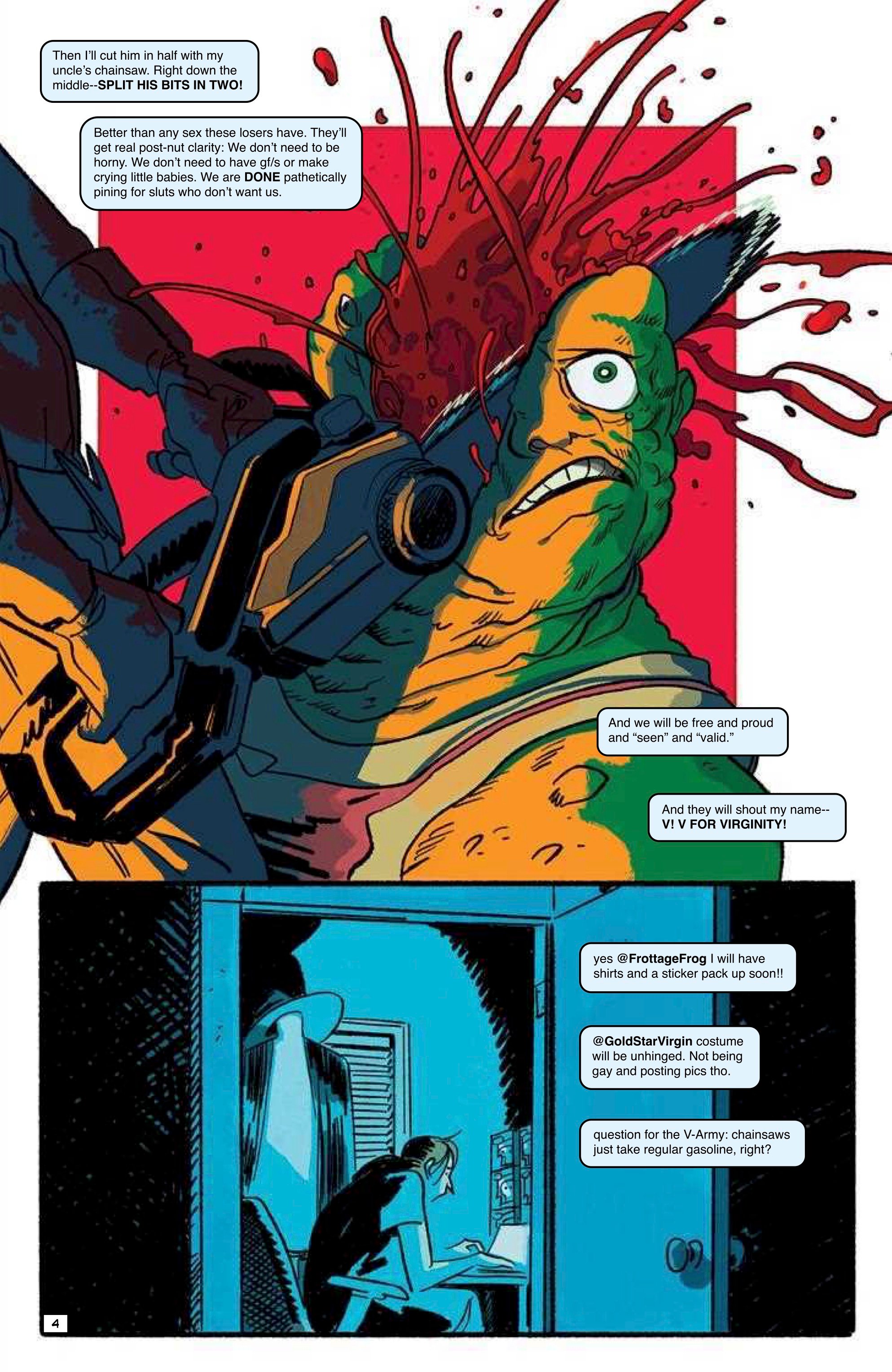 A graphic comic panel shows a close-up of a monstrous creature being shot in the head, with blood splattering. Below, a person types on a computer in a darkened room.