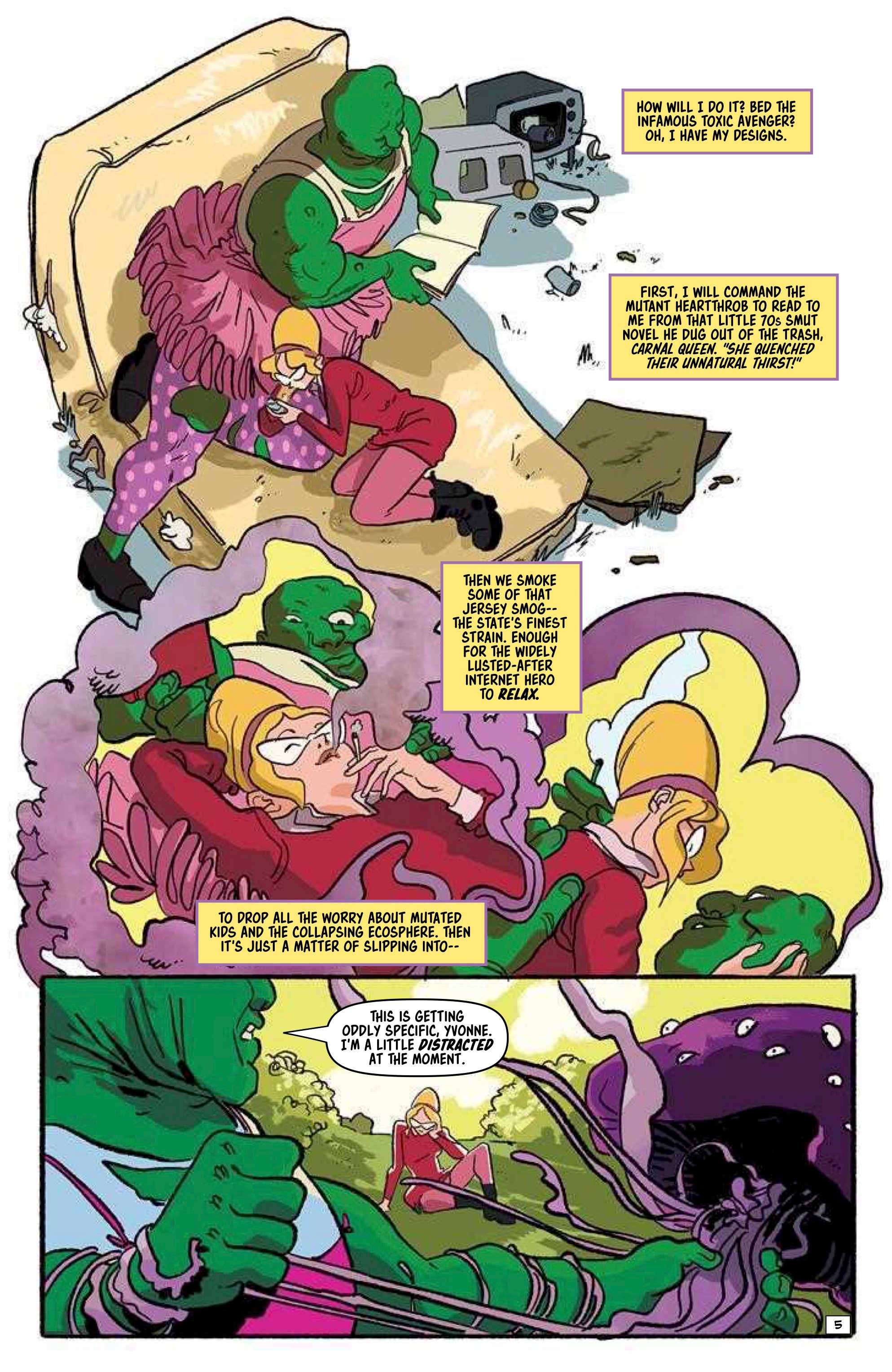 A green-skinned villain in pink tutu hypnotizes two kids with pink smoke, while explaining his plan in yellow narration boxes; one kid is slumped, the other is dazed.