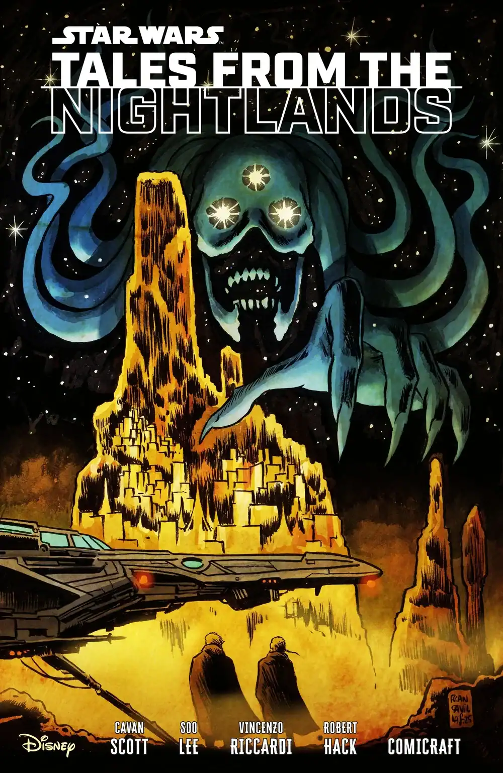 Comic book cover for "Star Wars: Tales from the Nightlands," featuring a ghostly figure with glowing eyes over rocky structures and a spaceship in the foreground.