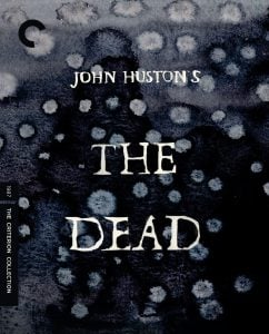 Cover art for "John Huston's The Dead" from The Criterion Collection, featuring ghostly white text on a dark, abstract, watercolor background with blurred figure shapes.