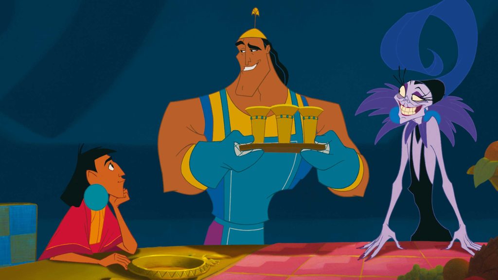 Animated scene of a muscular man serving three drinks to a skeptical-looking young man and a tall, slender woman with a large blue headdress and a mischievous smile, seated at a table.