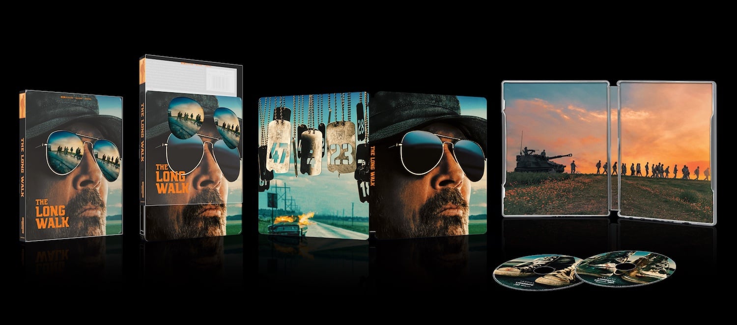 A Blu-ray collector’s edition for "The Long Walk" displayed with outer box, open case showing disc art, and interior artwork featuring soldiers and a tank at sunset.