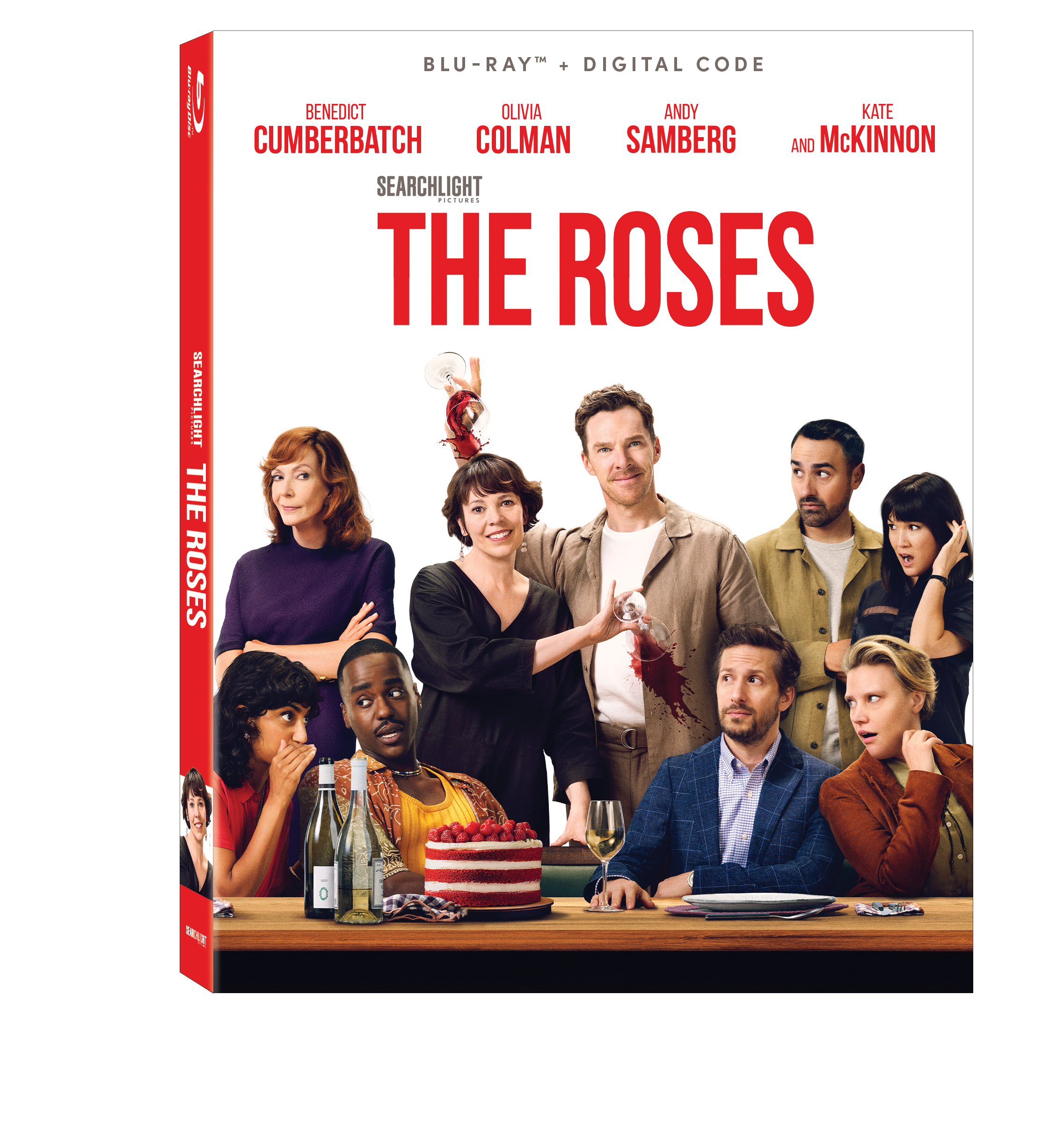 The image shows a Blu-ray cover for the film "The Roses," featuring a group of eight people sitting and standing around a table with a cake. The cast names appear at the top.